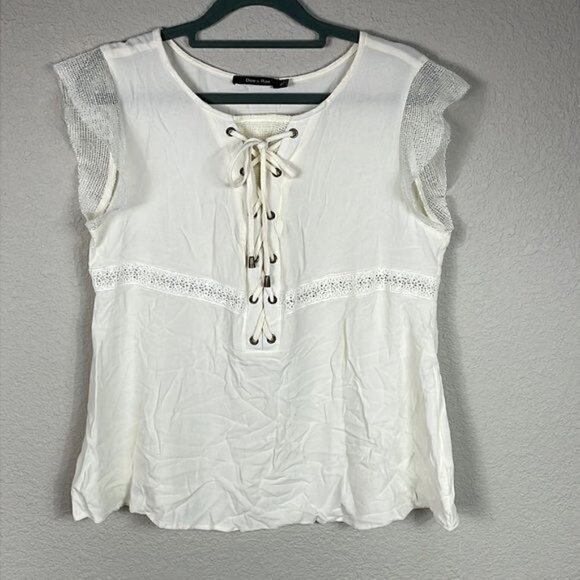 Doe & Rae Ivory White Lace Up Top Mesh Embroidered Inserts Sz L - Picture 1 of 9